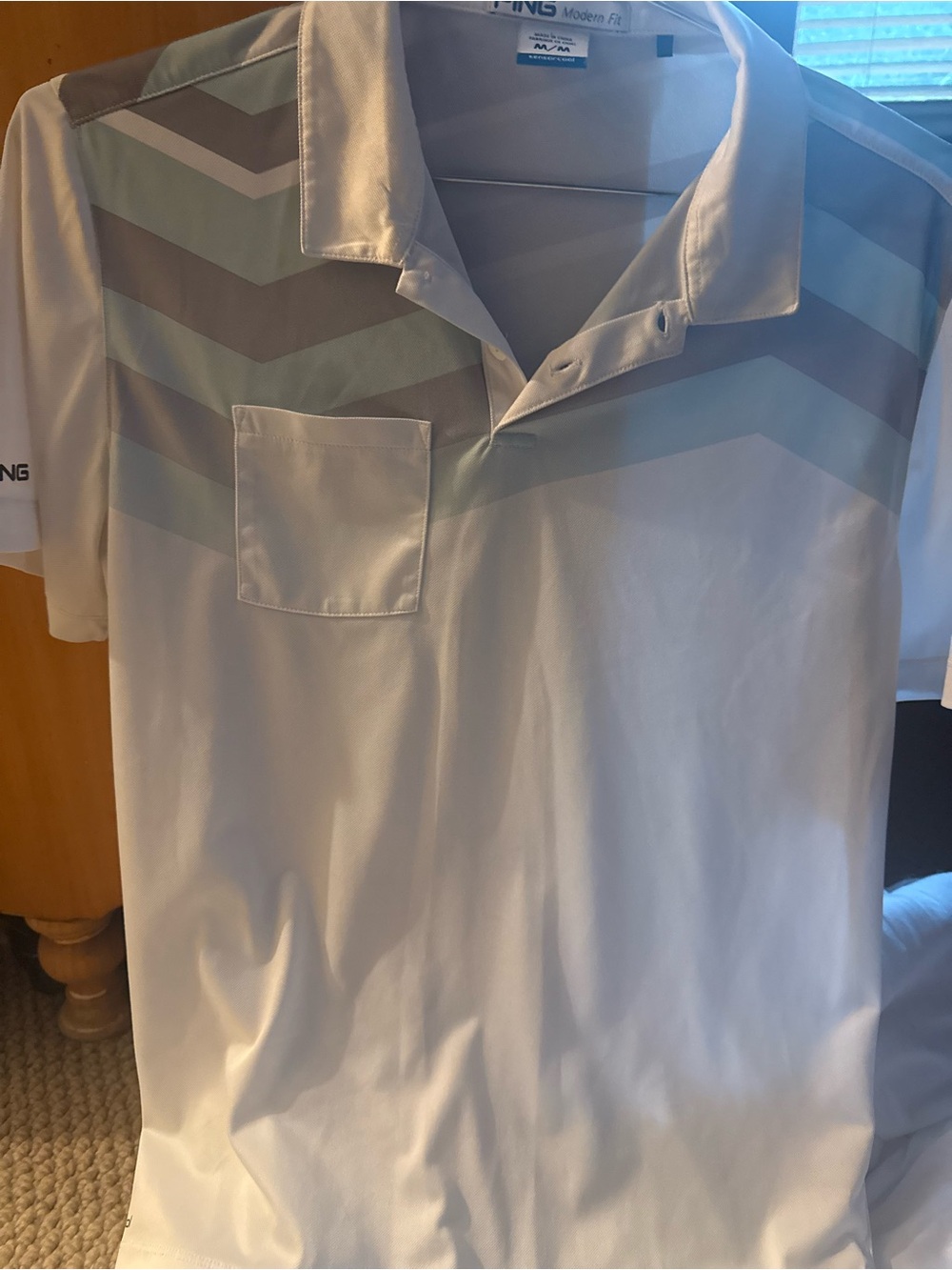 PING White Men's Polo with Gray Chevron Detail
